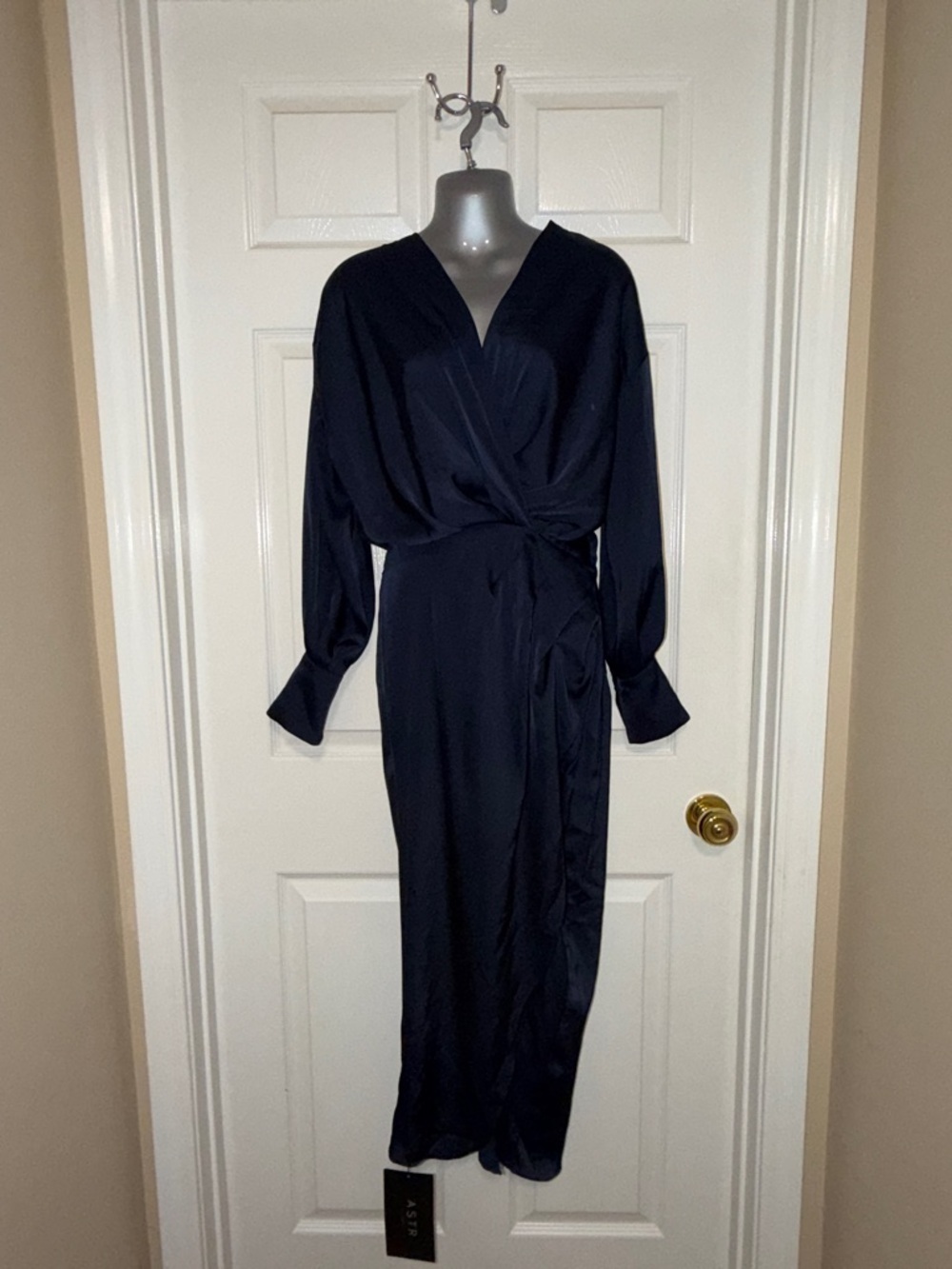 ASTR The Label Midnight Blue Satin Wrap Midi Dress Cutout NWT Small - Picture 1 of 8